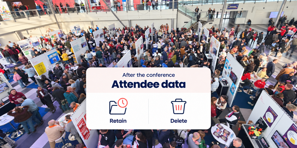 Conference attendees among poster displays, with an overview for retaining and deleting attendee data
