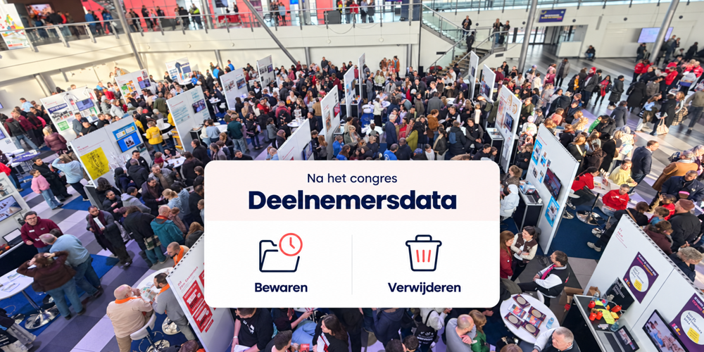 Congresbezoekers tussen posterpresentaties, met een overzicht voor het bewaren en verwijderen van deelnemersdata