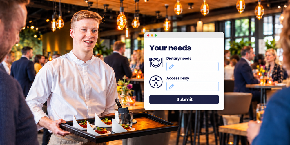 A server offers canapés to guests beside a form for dietary and accessibility needs