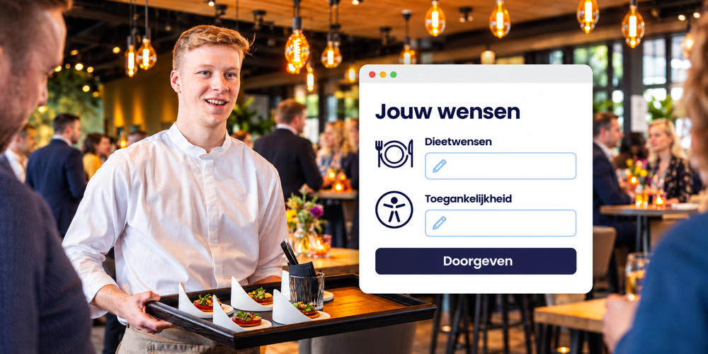 Een medewerker serveert hapjes aan gasten, naast een formulier voor dieetwensen en toegankelijkheidswensen