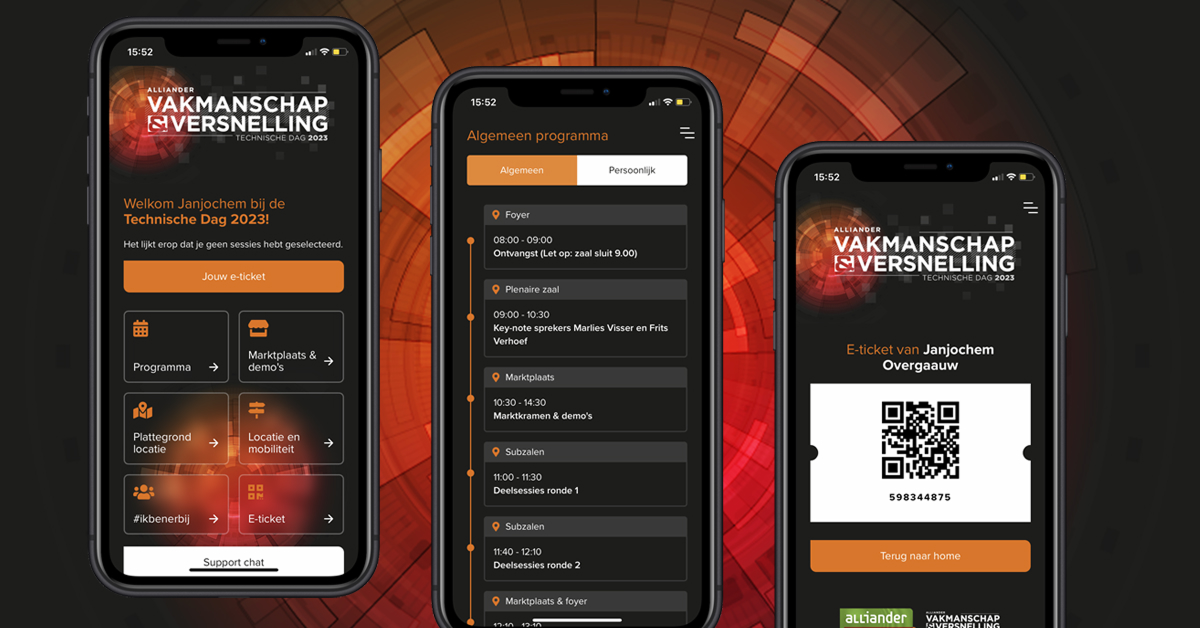Deelnemer die tijdens een congres een app gebruikt