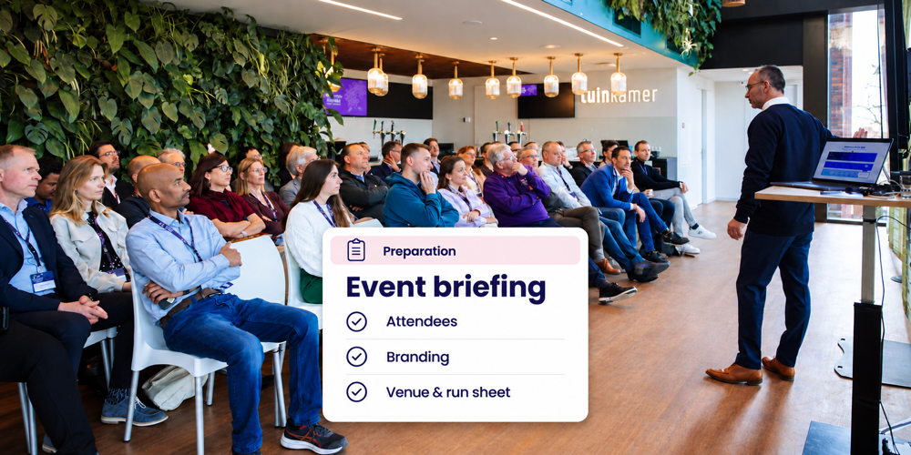 A speaker and audience at a business event, with a briefing checklist for attendees, branding, the venue and run sheet.