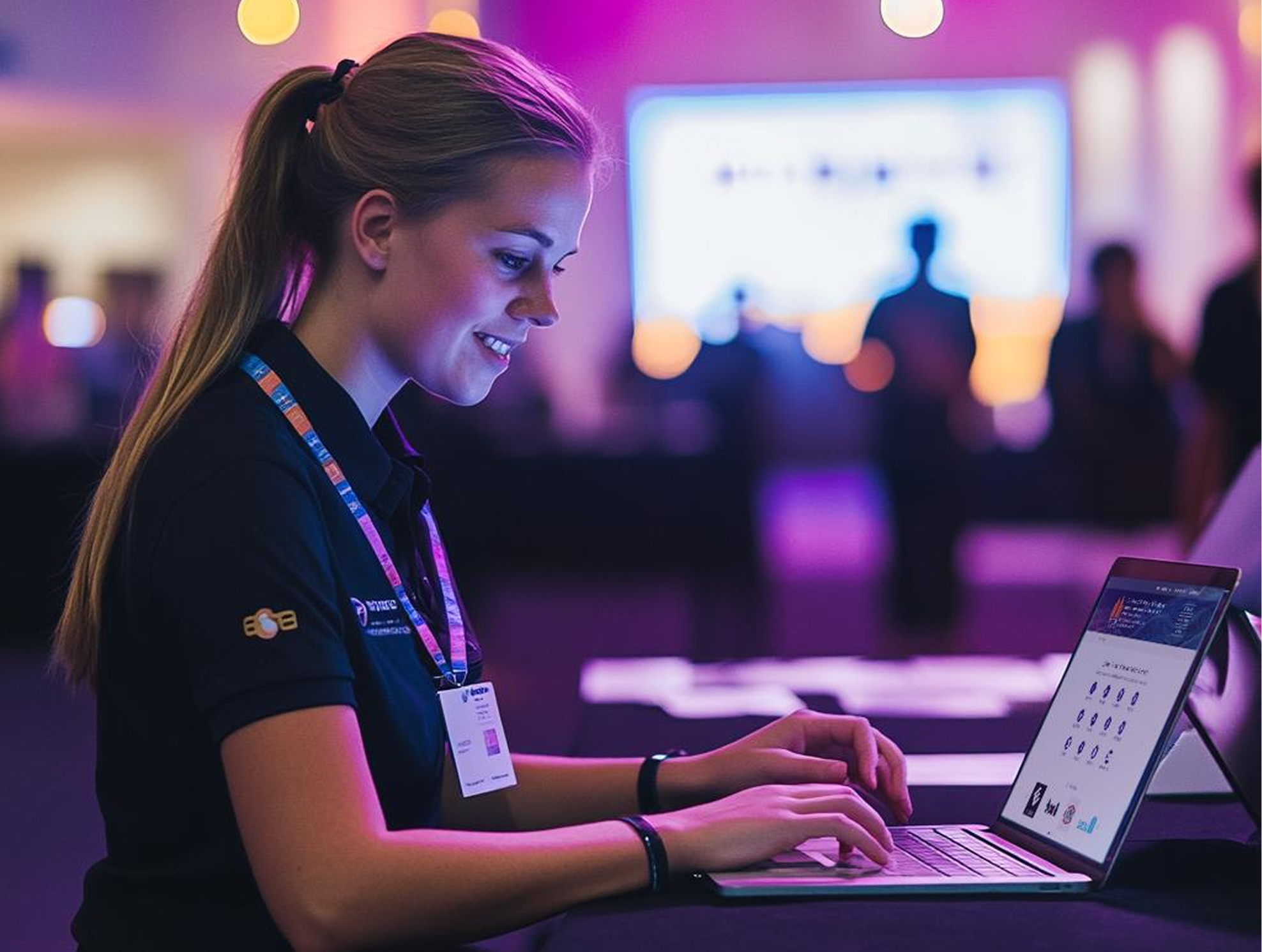 event manager busy with data on laptop