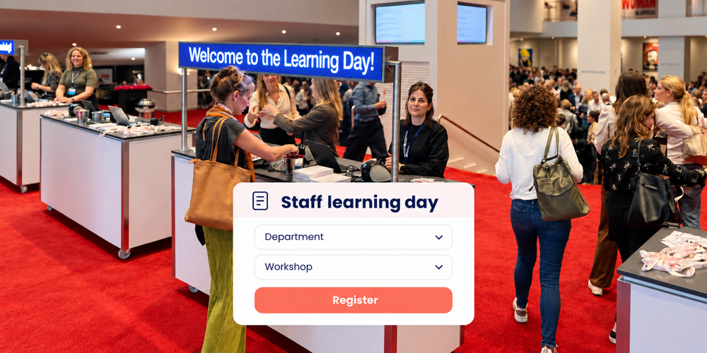 Attendees at a staff learning day reception, with a registration form for department and workshop selection