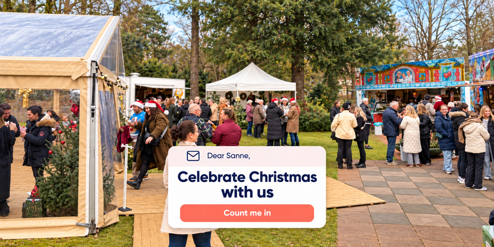 Guests at an outdoor winter event with marquees and food trucks, with a digital Christmas invitation
