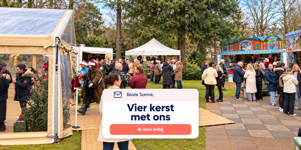 Gasten op een winterevenement met tenten en foodtrucks, met een digitale kerstuitnodiging