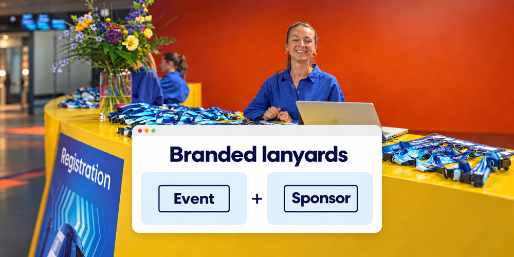 Staff member at a registration desk with printed lanyards and an illustration of event and sponsor branding