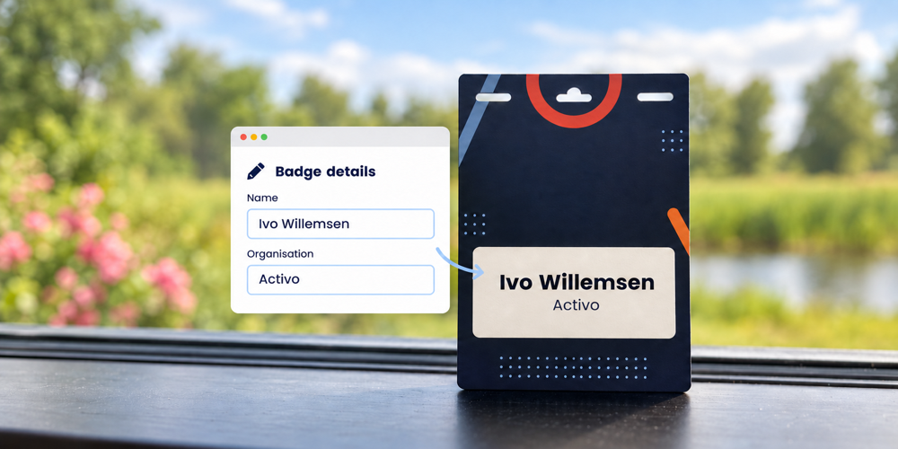 Digital badge details showing name and organisation next to an event badge for Ivo Willemsen from Activo