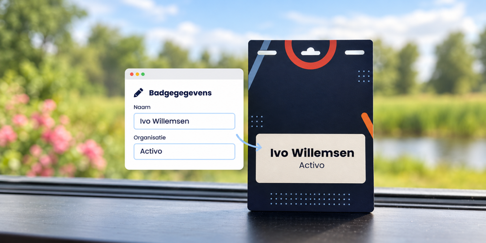 Digitale badgegegevens met naam en organisatie naast een eventbadge voor Ivo Willemsen van Activo