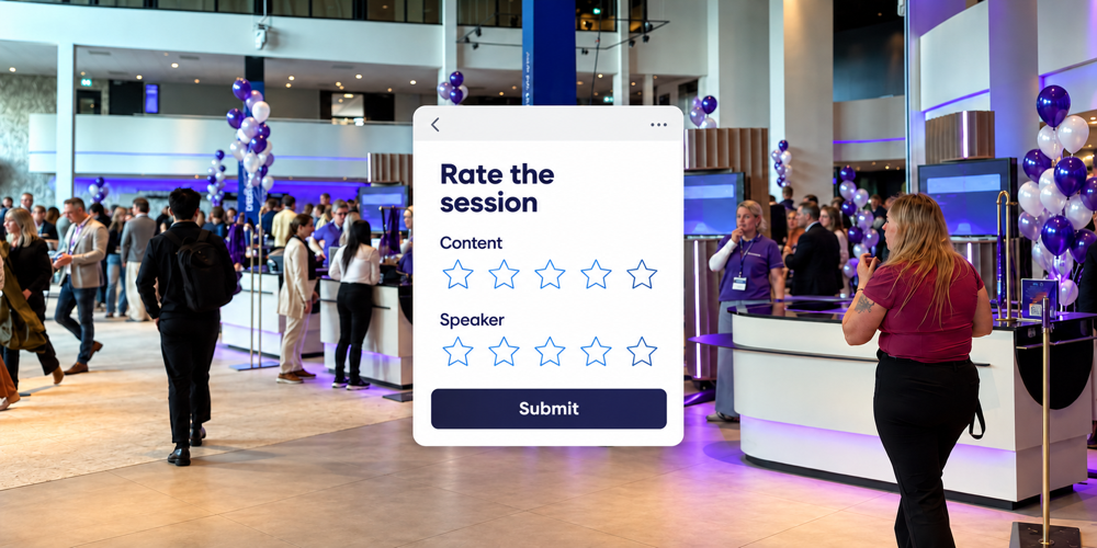 Attendees in a conference foyer with a session feedback form showing five-star ratings for content and speaker