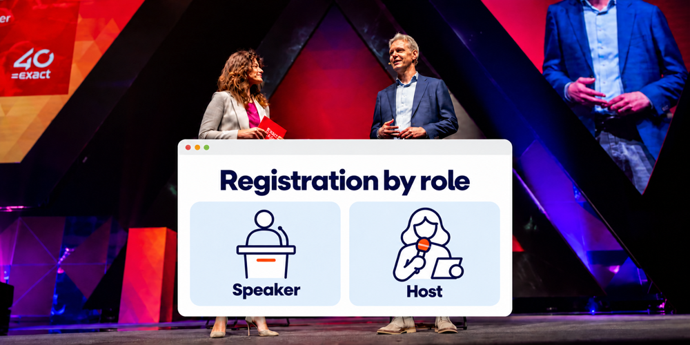 Speaker and conference host on stage with an illustration of registration by role