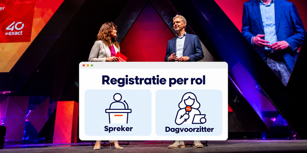 Spreker en dagvoorzitter op een congrespodium met een illustratie van registratie per rol