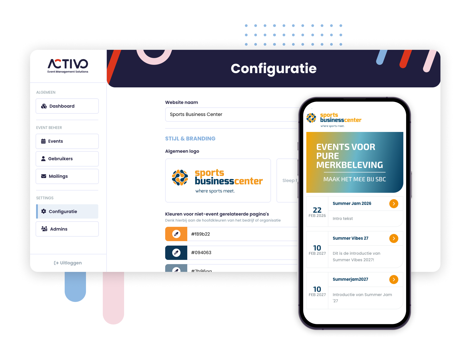 eventplatform dashboard configuratie met responsive preview