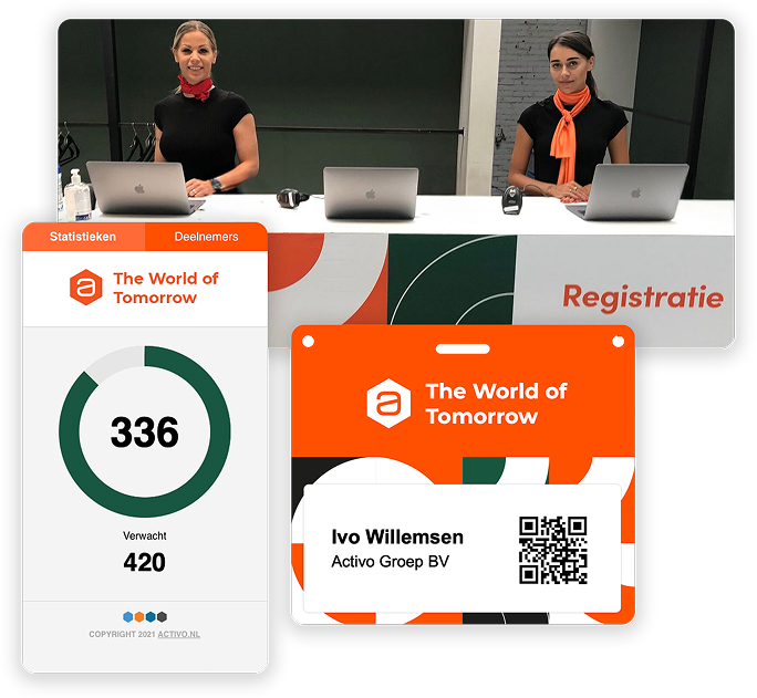 Overzicht van de Activo Live App met daarbij een badge en hostessen.